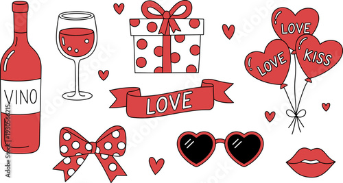 Romantic love illustration, Valentine’s Day artwork, wine and gift design, heart balloons drawing, lips and sunglasses art, red ribbon decoration, festive affection collage