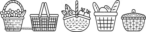 Illustration of various baskets with flowers, picnic food, fruits, bread, storage design, woven patterns, decorative concept, versatile container artwork