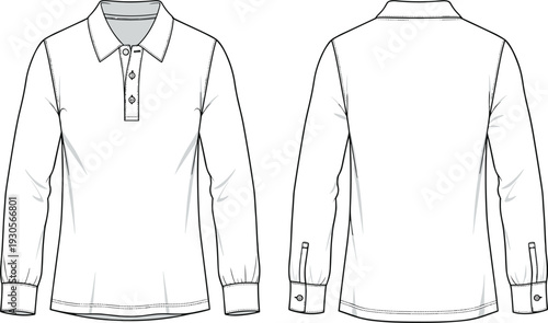 Technical fashion flat sketch vector set of long sleeve polo shirt raglan tee sweatpants mock neck sweatshirt zip hoodie and midi skirts