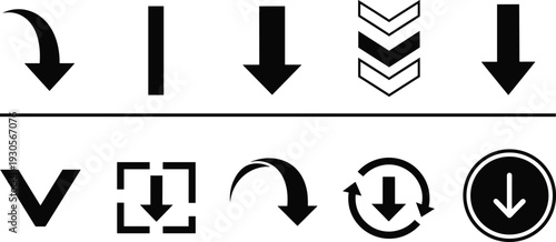 Black arrow silhouette set with down directional pointers, decrease graph icons for business failure, financial loss and falling vector graphics,