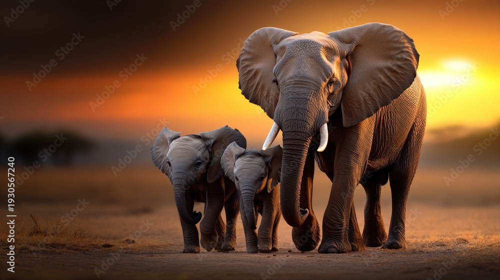 Fototapeta premium African elephant family walking across the savanna at sunrise, mother protecting her calves, symbolizing conservation, wildlife protection, and wilderness survival. World Wildlife Day