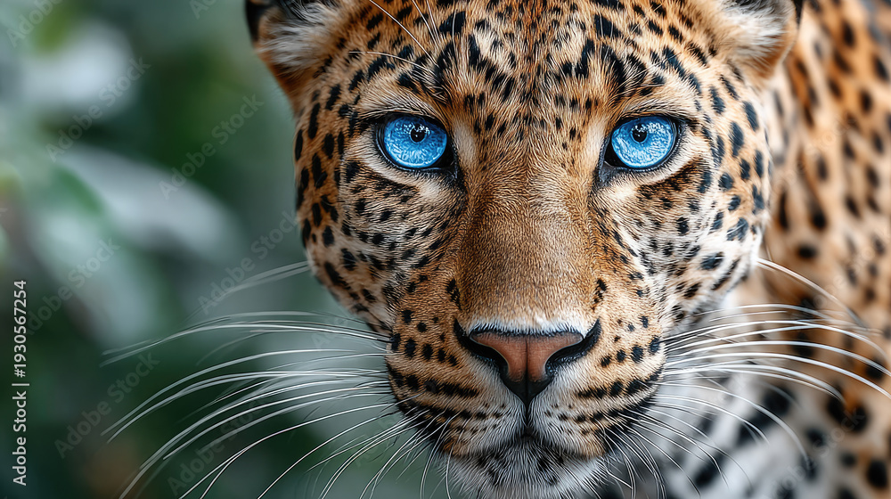 Fototapeta premium Leopard's striking face with vivid blue eyes and intricate spotted fur filling the frame, representing the beauty and vulnerability of wild animals and biodiversity.. World Wildlife Day