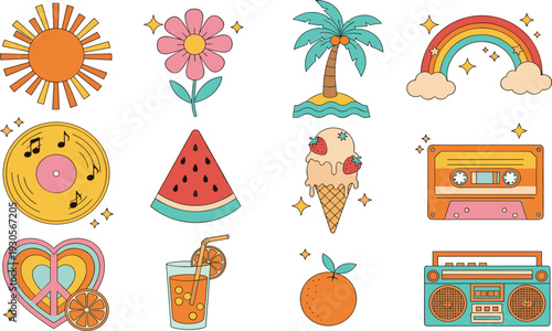 Summer retro elements collection with rainbow, palm tree, ice cream, watermelon, cassette, vinyl record, sun, and tropical drink vector illustration.