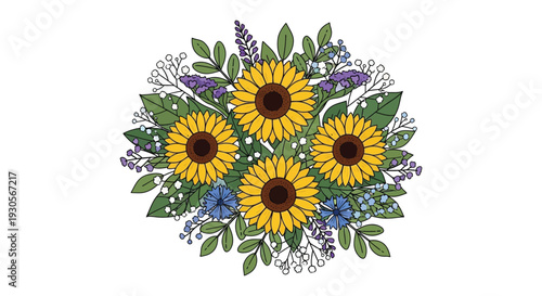 A vibrant floral arrangement featuring sunflowers lavender and foliage displayed as a distinct silhouette high quality professional detailed modern elegant stylish