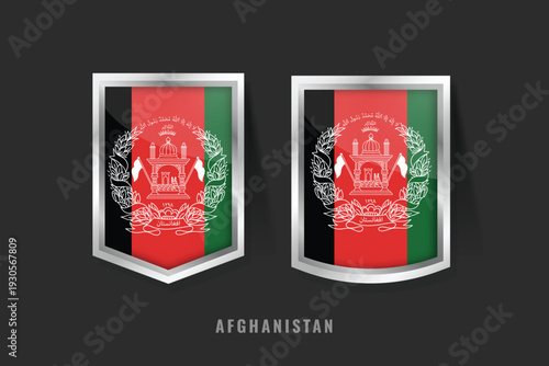 Afghanistan Flag Badges Set: 3D Glossy Silver Metal Shield Icons of Afghan National Emblem and Islamic Republic