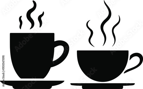 Coffee and tea cup silhouettes illustration, hot beverage icons set, steaming mugs, black monochrome vector design isolated background minimal cafe