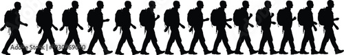 Hiker walking silhouette sequence vector set featuring backpacker side view progression isolated on white background for travel, trekking and adventure design