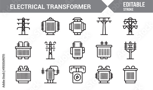 Power Distribution and Substation Line Icon Set