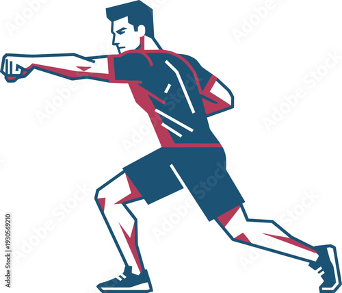 Flat vector illustration of a professional boxer in a navy and coral kit throwing a powerful straight punch. Perfect for combat sports branding, gym logos, and fitness marketing.