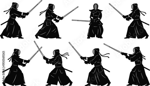 Kendo fighter silhouettes practicing with bamboo swords, black and white martial arts collection showing traditional Japanese fencing poses isolated on white background