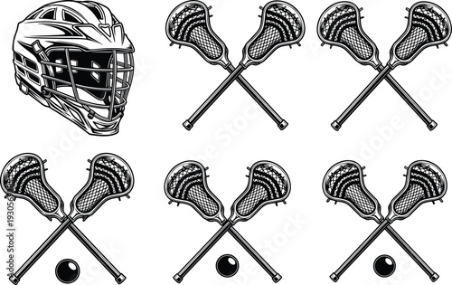 Lacrosse equipment set with helmet, crossed sticks and ball, black and white detailed sports illustration isolated on white background for athletic design
