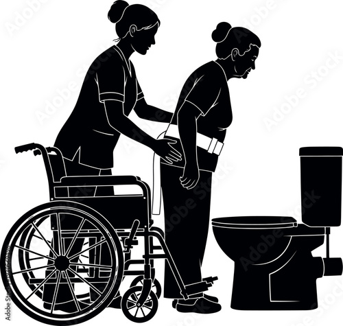 CNA Assisting Elderly Patient with Gait Belt Transfer from Wheelchair to Toilet.