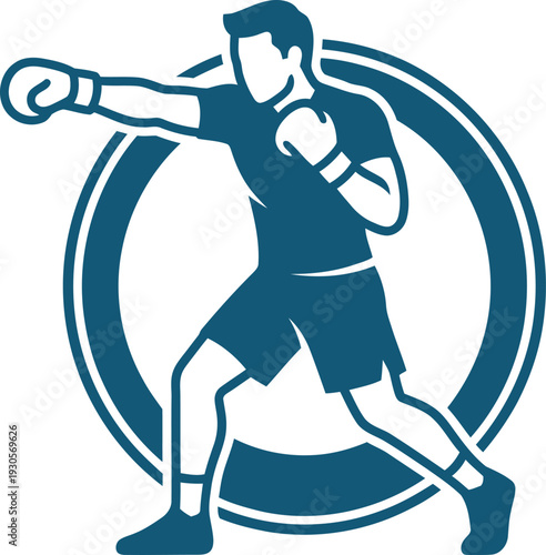Flat vector illustration of a male boxer in a blue shirt and shorts throwing a punch, set against a circular frame. Perfect for combat sports branding, gym logos, and fitness marketing.