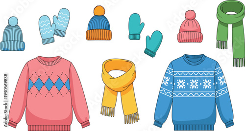 Winter clothing collection with knitted sweaters, hats, mittens, and scarves for cold weather fashion and cozy seasonal outfit vector illustration.