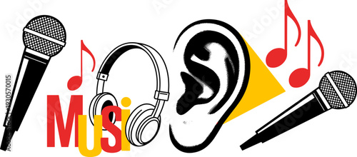 Stylized music illustration with microphones, headphones, ear, red musical notes, bold music text, sound concept, auditory experience, creative design artwork
