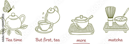 Tea time illustration, teapot and teacup art, matcha whisk drawing, tea culture design, beverage concept, cozy tea artwork, traditional tea preparation