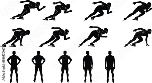 Speed skating athlete silhouettes in racing poses, black and white winter sport illustration set showing dynamic ice skater movements isolated on white background