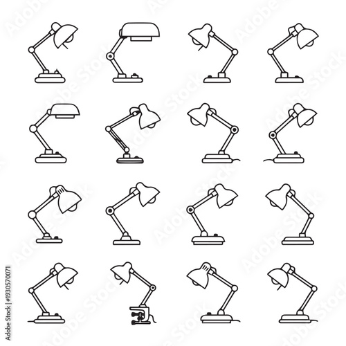 Desk Lamp Collection Icons Set Vector Illustration Various Angles and Styles