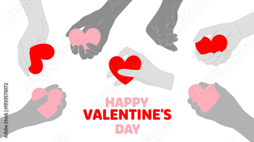 Valentine’s Day illustration with hands holding hearts, red and pink love symbols, festive greeting text, romantic celebration artwork, affection concept design