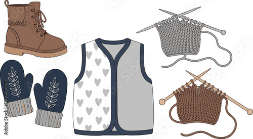 Winter clothing and knitting set with boots, warm vest, mittens, yarn, and needles for handmade fashion, cozy seasonal outfit, and craft vector illustration.