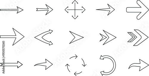 A collection of 15 various arrow icons in different directions and styles including left right up down and curved pointers