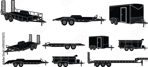 Trailer silhouettes collection featuring flatbed, enclosed, utility and equipment transport trailers, black and white detailed cargo hauling set isolated on white background