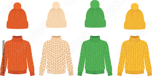Winter knitted hats and sweaters set in flat style vector illustration.