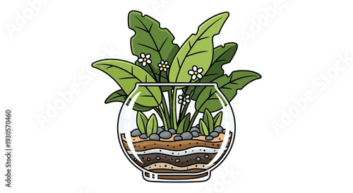 A vibrant illustration depicts a lush plant arrangement inside a clear glass vase creating a botanical silhouette high quality professional detailed