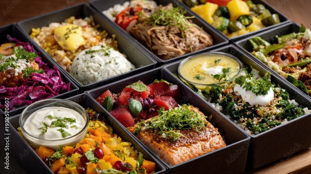 Fototapeta premium Lunch box with international flavors, featuring diverse, healthy meals, healthy food, lunch box. 
