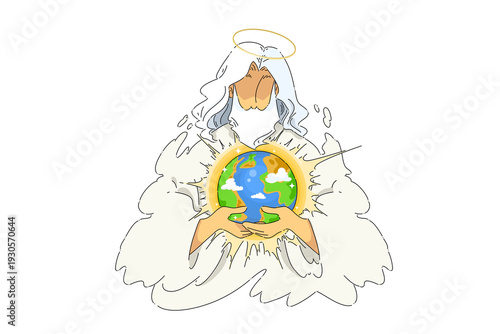 Foto Elderly custodian lovingly repairs wounded earth amid peaceful clouds