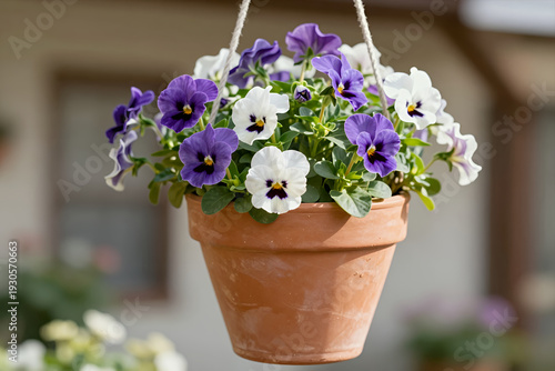 Wallpaper Mural Hanging Terracotta Flower Pot with Vibrant Purple and White Pansies Blooming Outdoors in a Garden Setting Natural Sunlight Torontodigital.ca