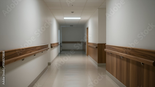 Wallpaper Mural Long Empty Hospital or Nursing Home Hallway with Wooden Handrails and Tiled Floor, Realistic Interior Photography for Healthcare Facility Design Concepts Torontodigital.ca