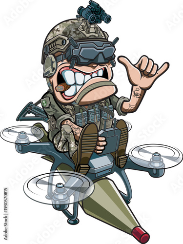 soldier flying on a fpv kamikaze drone 
