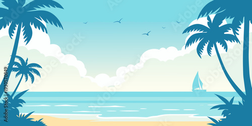 Tropical beach scene with palm trees ocean and a distant sailboat