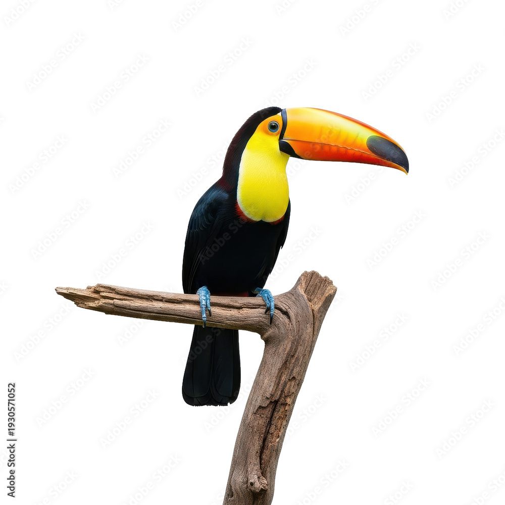Fototapeta premium Toucan Bird Perched on Branch Isolated Black Background