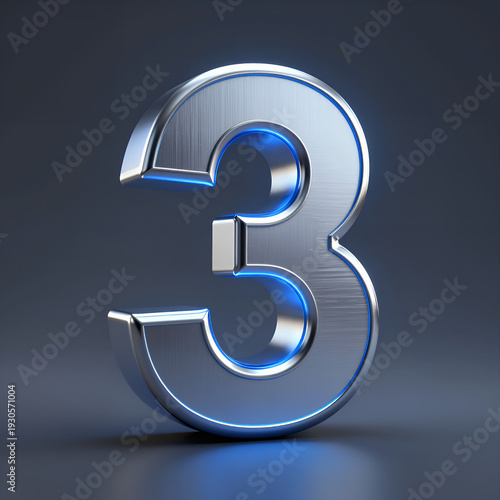 Wallpaper Mural Metallic Number Three 3d Render with Blue Glowing Edge on Dark Background for UI Design, Technology Themes or Countdown Graphics Torontodigital.ca