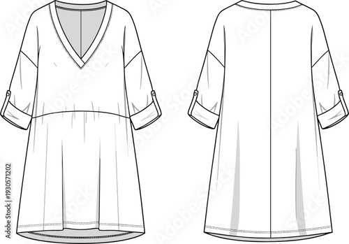 Technical fashion flat sketch vector set of women's v-neck puff sleeve blouse raglan sweatshirt anorak jacket dress trousers and midi skirts for apparel design