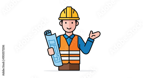 A cheerful construction worker with a blueprint gesturing with one hand and wearing safety gear silhouette high quality professional detailed