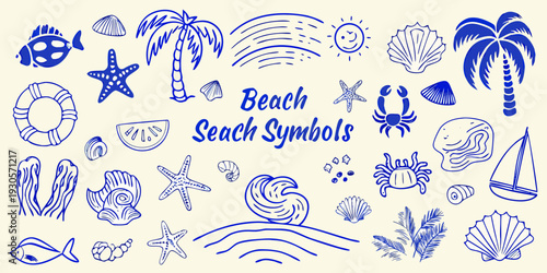 A collection of blue line art illustrations depicting beach and sea life