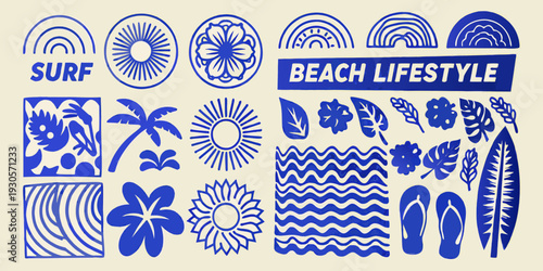 Blue and white graphic design featuring surf beach and tropical elements