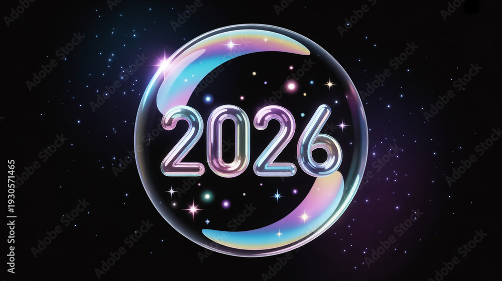 Fototapeta premium Shiny holographic bubble with 2026 text and crescent moon shape on starry night background