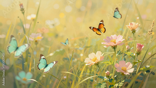 Wallpaper Mural Serene Butterflies Fluttering among Soft Pink Flowers in a Sunlit Meadow with Gentle Bokeh Background and Warm Golden Light Torontodigital.ca