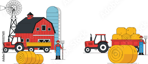 Farm barn tractor and farmer with hay bales flat vector illustration rural agriculture scene set