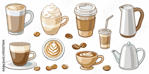 Variety of coffee beverages and milk pitchers in a cartoon style