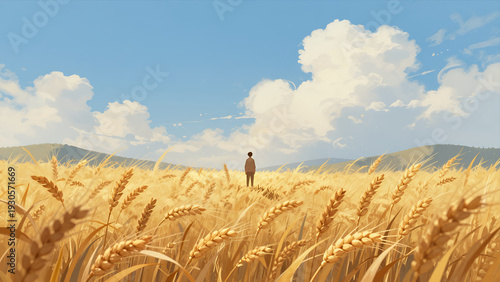 Wallpaper Mural Solitary Figure Standing in Vast Golden Wheat Field under Bright Blue Sky with Fluffy Clouds and Distant Rolling Hills Landscape Illustration Torontodigital.ca