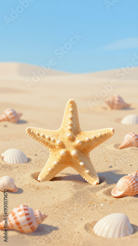 Wallpaper Mural Starfish Resting on Sandy Beach with Seashells under Clear Blue Sky Natural Coastal Scene Summer Vacation Ocean Holiday Background Torontodigital.ca