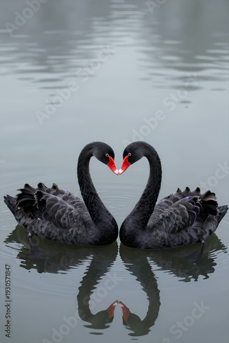 Wallpaper Mural Two Black Swans Gracefully Floating on Calm Water with Their Necks Forming a Heart Shape, Romantic Natural Wildlife Photography Torontodigital.ca