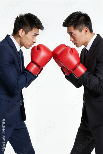Wallpaper Mural Two Businessmen in Suits Wearing Red Boxing Gloves Facing Each Other in a Confrontational Pose Against White Background Torontodigital.ca
