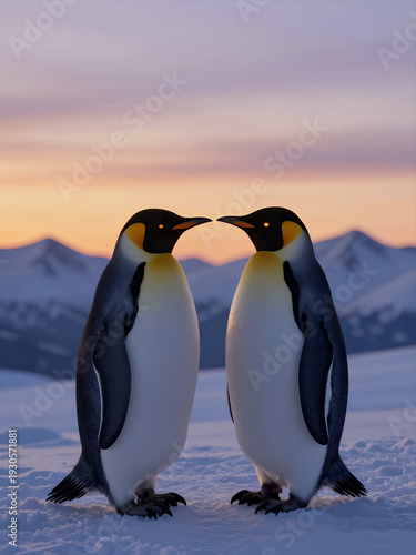 Wallpaper Mural Two Emperor Penguins Standing Face to Face in Snow during Sunset with Mountains in Background, Romantic Wildlife Nature Scene Torontodigital.ca