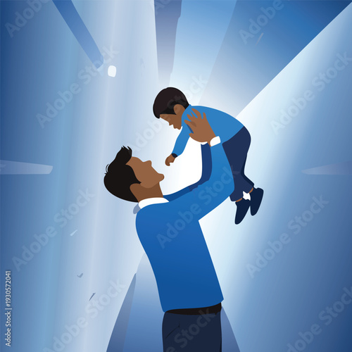 Father lifts child in a stylized image with radiant blue background